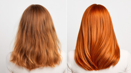 Fototapeta premium Transformation of hair from natural brown to vibrant red in a clean comparison layout