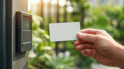 Hand scanning access card near entrance with greenery in the background