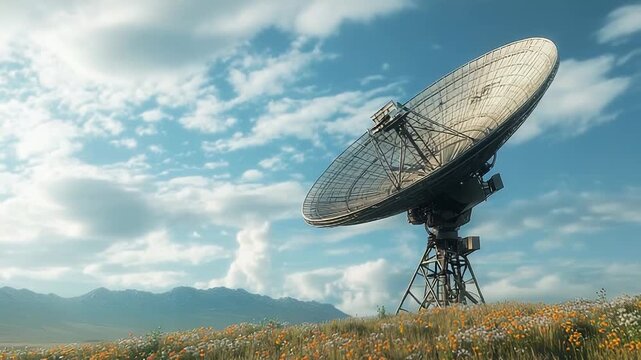 Large satellite dish exploring the universe in a flower field