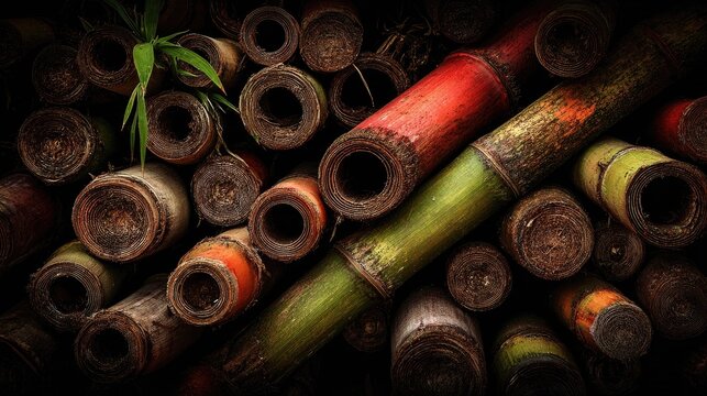 Close-up view of stacked bamboo poles. - Powered by Adobe