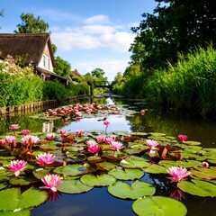 Picturesque canal scene with pink water lilies