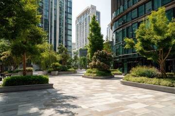 Urban plaza with modern buildings and greenery