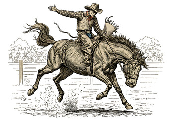 Vintage Illustration Of Cowboy Riding Horse In Western Style