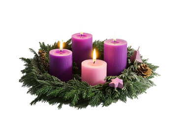 Traditional holiday wreath with four advent candles isolated on transparent background