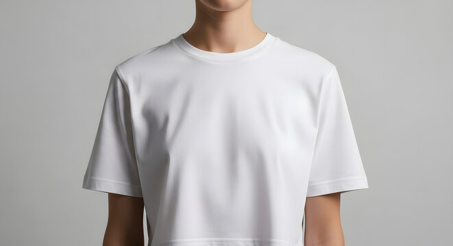 A clean, close-up mockup of a plain white t-shirt on a female model, providing a blank template for apparel branding, custom prints, and logo design.