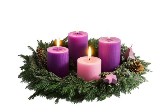 Traditional holiday wreath with four advent candles isolated on transparent background