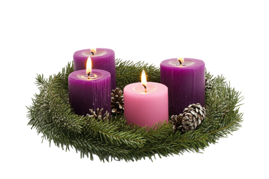 Greenery advent wreath with four lit candles isolated on transparent background