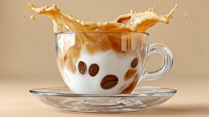 Cup of coffee with milk and coffee beans on top of a saucer. The coffee is spilling out of the cup, creating a splash. Concept of warmth and comfort, as well as a bit of messiness