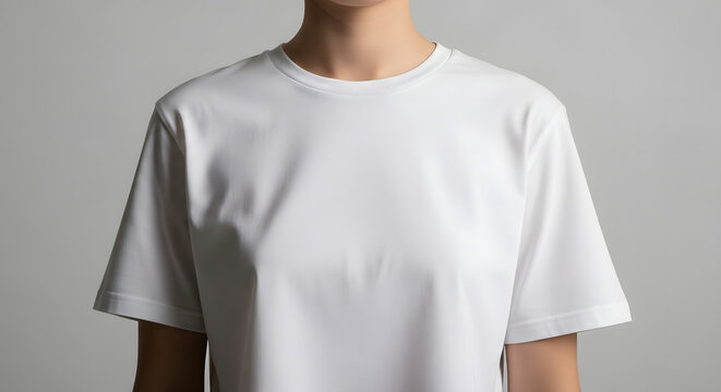 A clean, close-up mockup of a plain white t-shirt on a female model, providing a blank template for apparel branding, custom prints, and logo design.