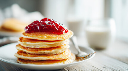 Stack of fluffy pancakes with fruit jam on a white plate in a bright kitchen setting