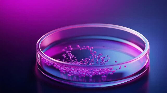 Petri dish containing microbiological culture growing in pink nutrient medium