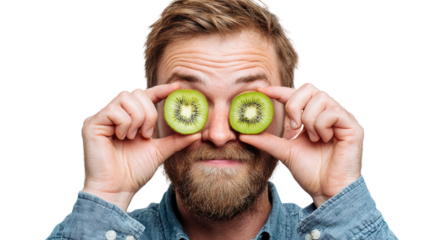 Man playfully holds kiwi slices over his eyes, showcasing fun and creativity.