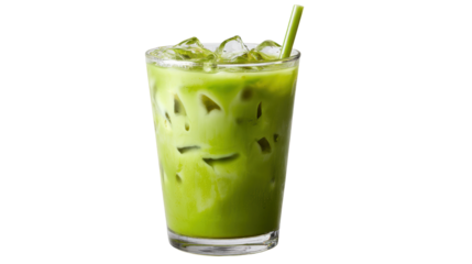 Refreshing green beverage in a glass with ice, perfect for hot days.