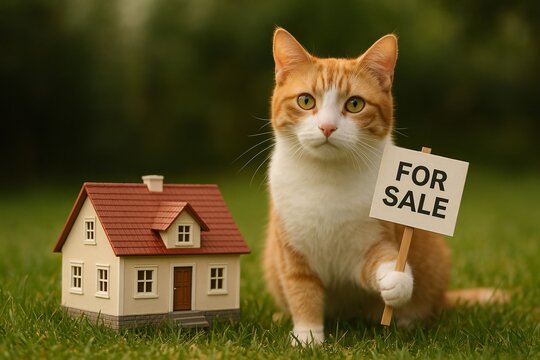 A cat holding a for sale sign next to a tiny house, a fun real estate concept