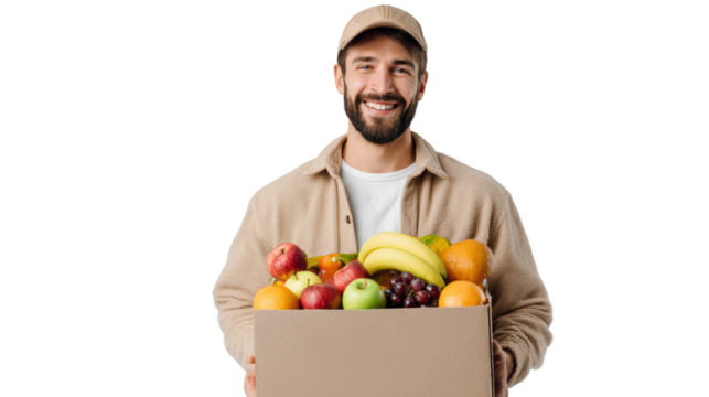 Smiling man holding a box of fresh fruits on a white isolated background.