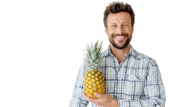 Smiling man holding a fresh pineapple against a white isolated background.