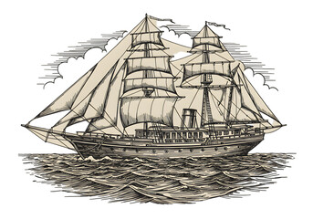 Vintage Illustration Of Sailing Ship On The Sea With Clouds And Waves in Black