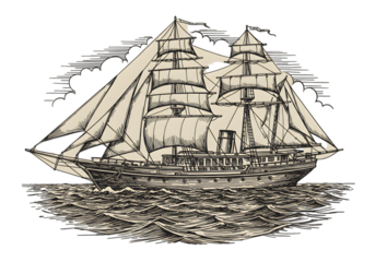 Vintage Illustration Of Sailing Ship On The Sea With Clouds And Waves in Black