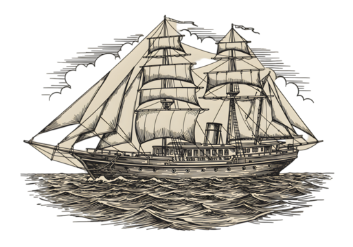 Vintage Illustration Of Sailing Ship On The Sea With Clouds And Waves in Black