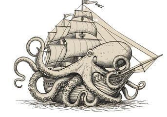 Vintage Illustration Of Ship Attacked By Giant Octopus Against Transparent Background