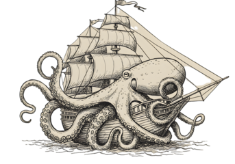 Vintage Illustration Of Ship Attacked By Giant Octopus Against Transparent Background