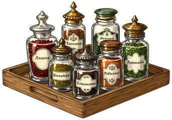 Vintage Illustration Of Spices And Herbs Jars On Wooden Tray Isolated