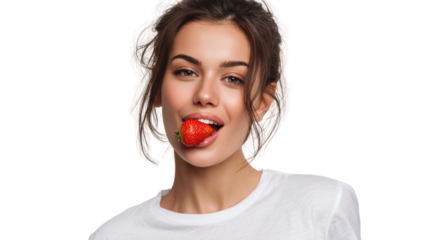 Young woman playfully holding a strawberry with a cheerful expression, isolated on a white background.