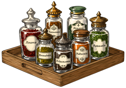 Vintage Illustration Of Spices And Herbs Jars On Wooden Tray Isolated