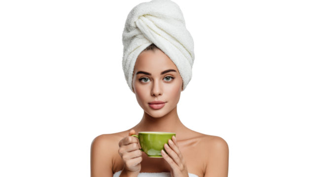 Young woman with a towel on her head enjoying a cup of tea in a relaxed, casual setting.