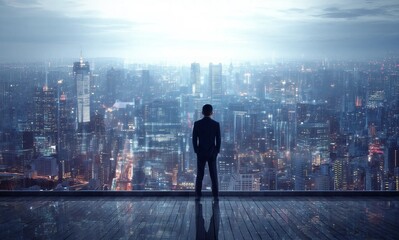 Fototapeta premium Businessman silhouette overlooking illuminated city skyline at night, urban leadership and business vision concept