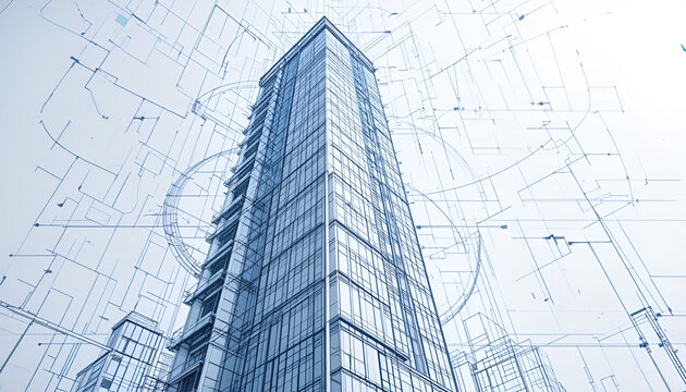 Modern skyscraper design with architectural blueprint and detailed construction plan