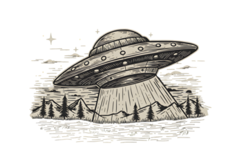 Vintage Illustration Of UFO Over Mountains and Forest With Black Background