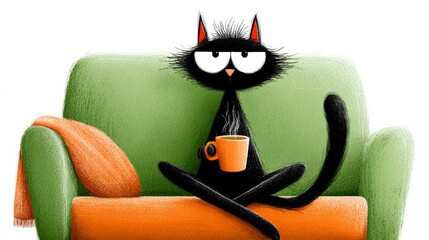 Cartoon cat is sitting on a couch with a cup of coffee in its paw. The cat appears to be in a relaxed and content mood, enjoying its coffee and the comfort of the couch