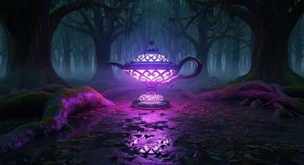 Mysterious Magic Lamp in Enchanted Forest.
