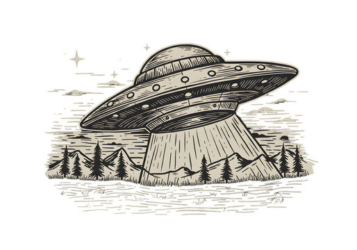 Vintage Illustration Of UFO Over Mountains and Forest With Black Background