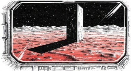 Mysterious Monolith on Red Planet Surface Viewed from Spaceship Window.