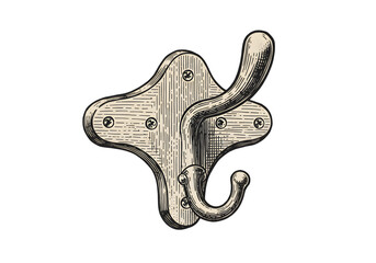 Vintage Illustration of Wooden Hook Object with Screws on Isolated Background