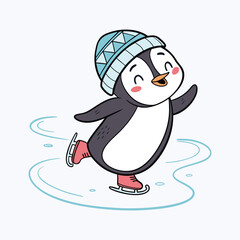 penguin on snow ice skating vector illustration