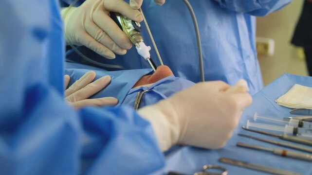 Specialized medical professionals in sterile protective gear performing precise endoscopic sinus surgery using advanced instruments within hospital operating environment