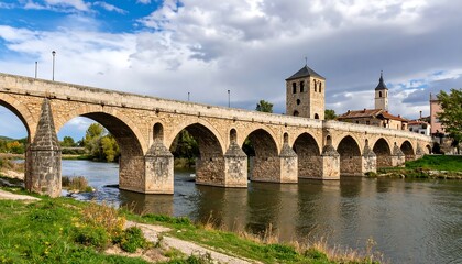 Naklejka premium Stone arch bridge over river, town in background