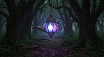 Mystical Genie Lamp Floating in a Dark Enchanted Forest.