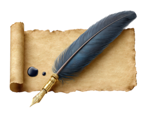 Quill parchment ink feather pen vintage writing scroll old paper vintage feather quill pen rests aged parchment paper with ink drops evoking nostalgic and creative atmosphere for classic writing