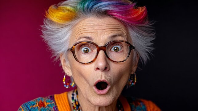 Woman with rainbow hair and glasses is looking surprised. She is wearing a colorful sweater and has a necklace around her neck - Powered by Adobe