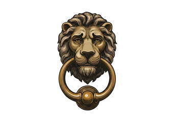 Vintage Lion Head Door Knocker Illustration On Isolated Black Background