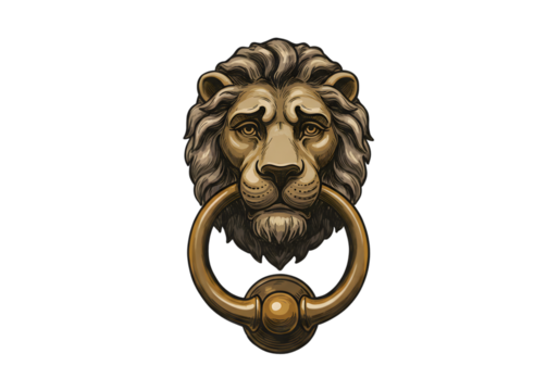 Vintage Lion Head Door Knocker Illustration On Isolated Black Background