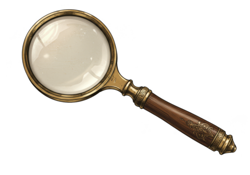 Vintage Magnifying Glass Illustration Gold Lens And Brown Wooden Handle On Transparent Background