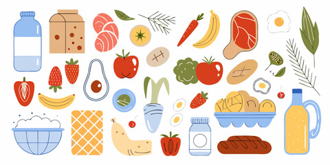 A colorful assortment of fresh foods and drinks in a flat illustration style