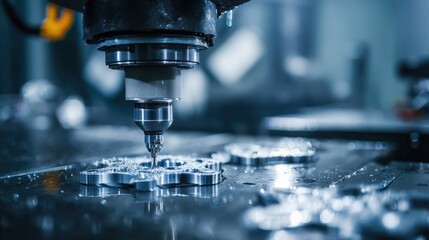Medium shot of an automated robotic arm swiftly cutting metal components with high precision background blurred to highlight focused machining details.