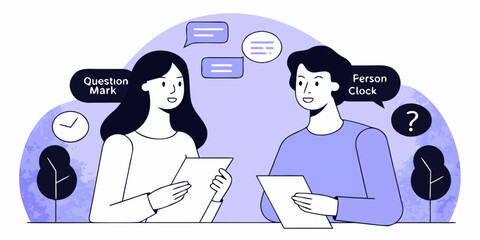 Two people discussing ideas and asking questions with speech bubbles and icons representing communication and time