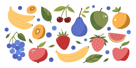 Vibrant and colorful assortment of fresh fruits and berries scattered on a white background